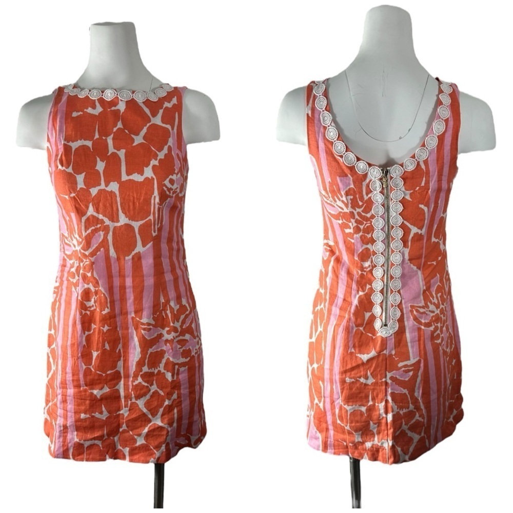 Lilly Pulitzer X Target Orange & Pink Giraffe Sheath 100% Linen Dress Size 2